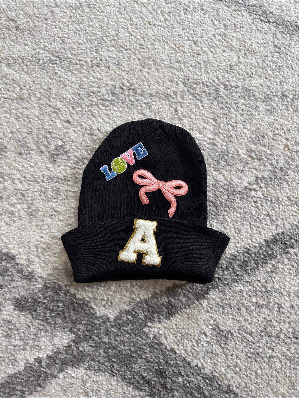 Kids Black Beanie Hat with 'Love' Patch and Pink Bow